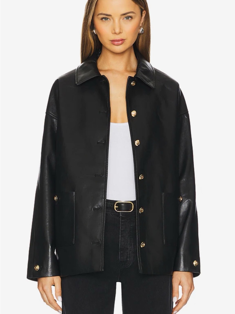 Anine Bing Luca Black Leather Button-Front Jacket with Gold Hardware - Picture 3 of 12